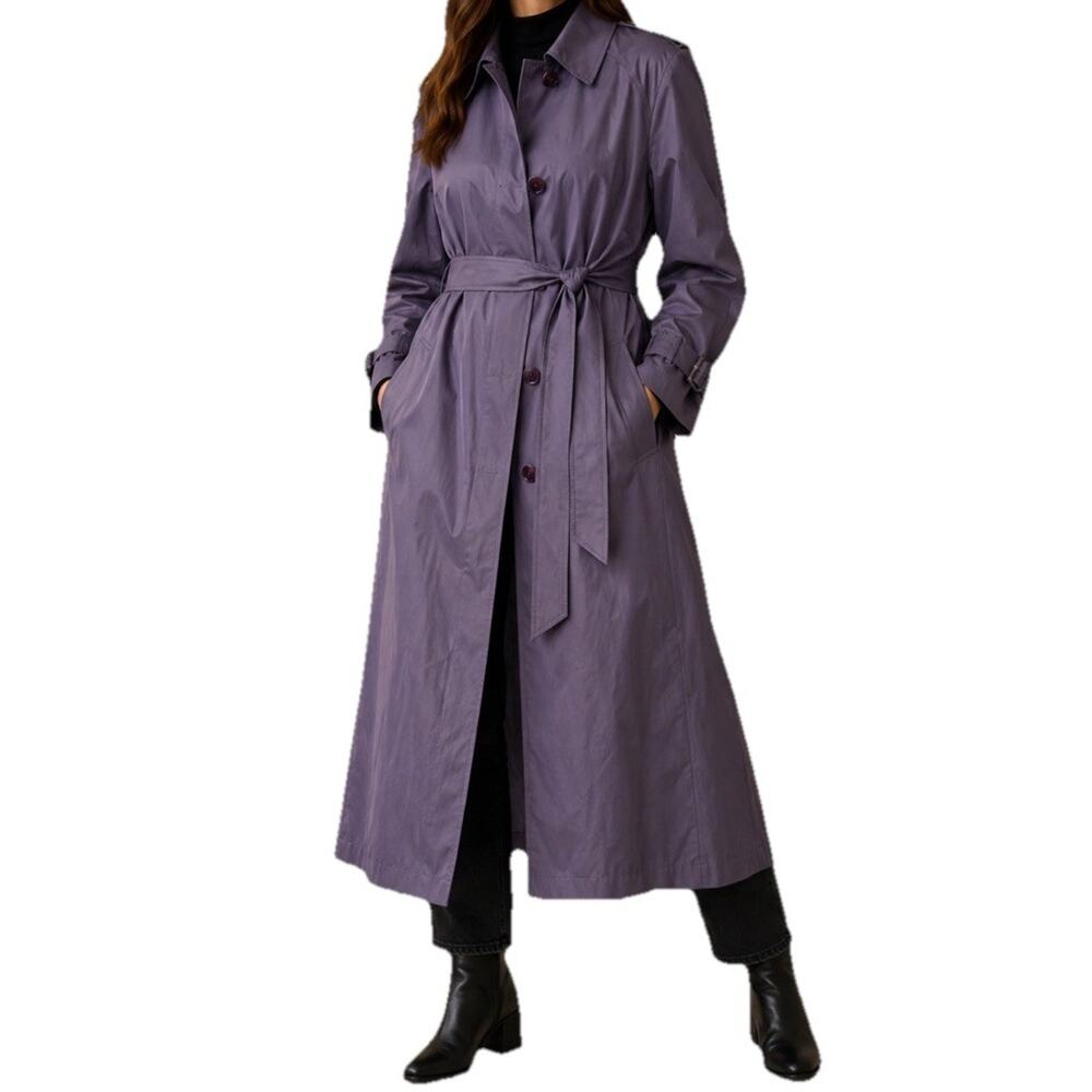 Vintage London Fog Coat Sz 12 Trench Tie Waist Belt Long Lined Collared Lilac